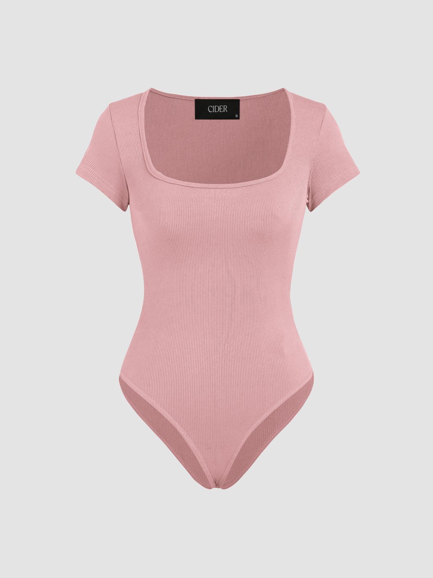 pink solid square neck short sleeve bodysuit