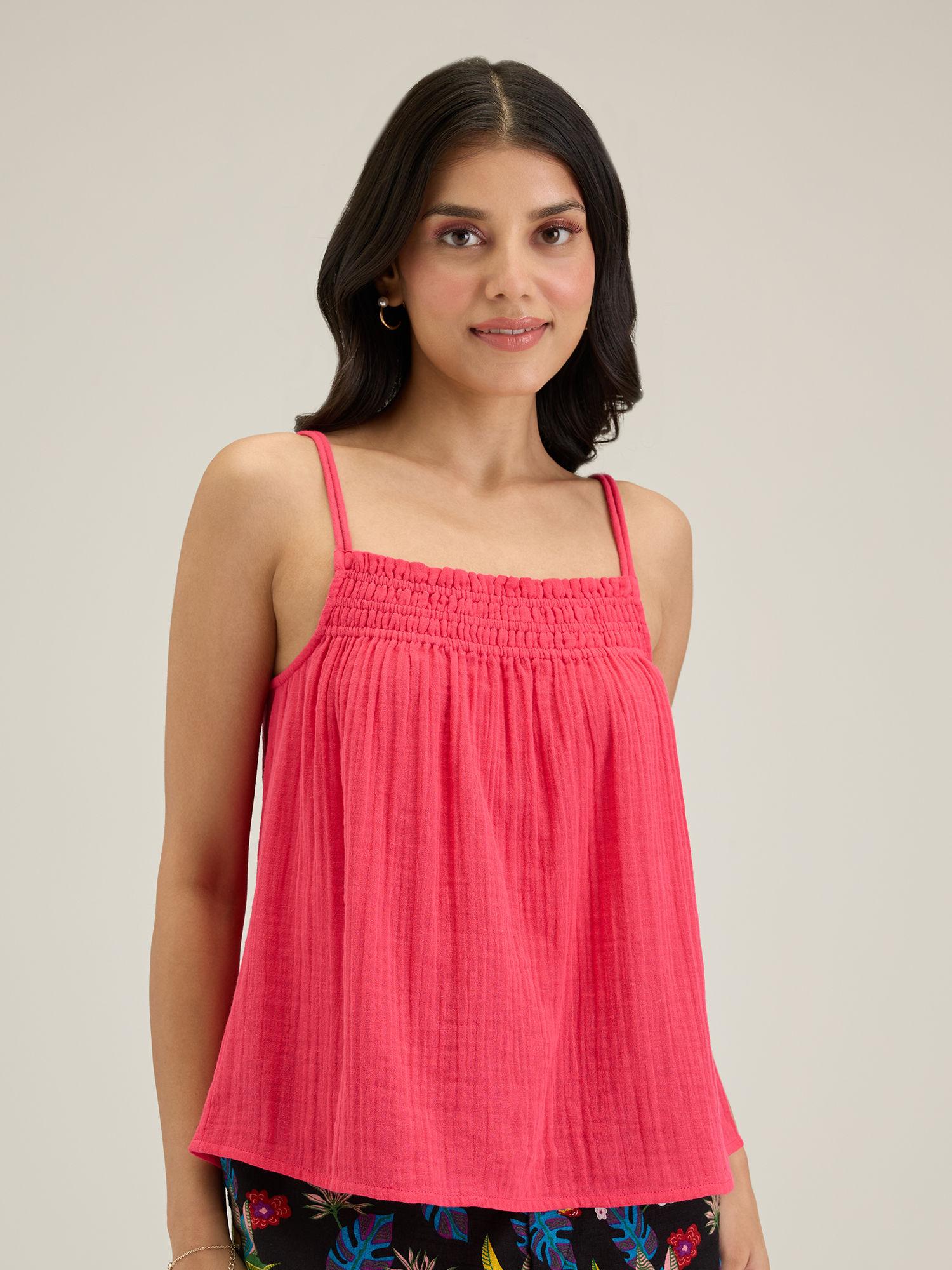 pink solid square neck strappy top