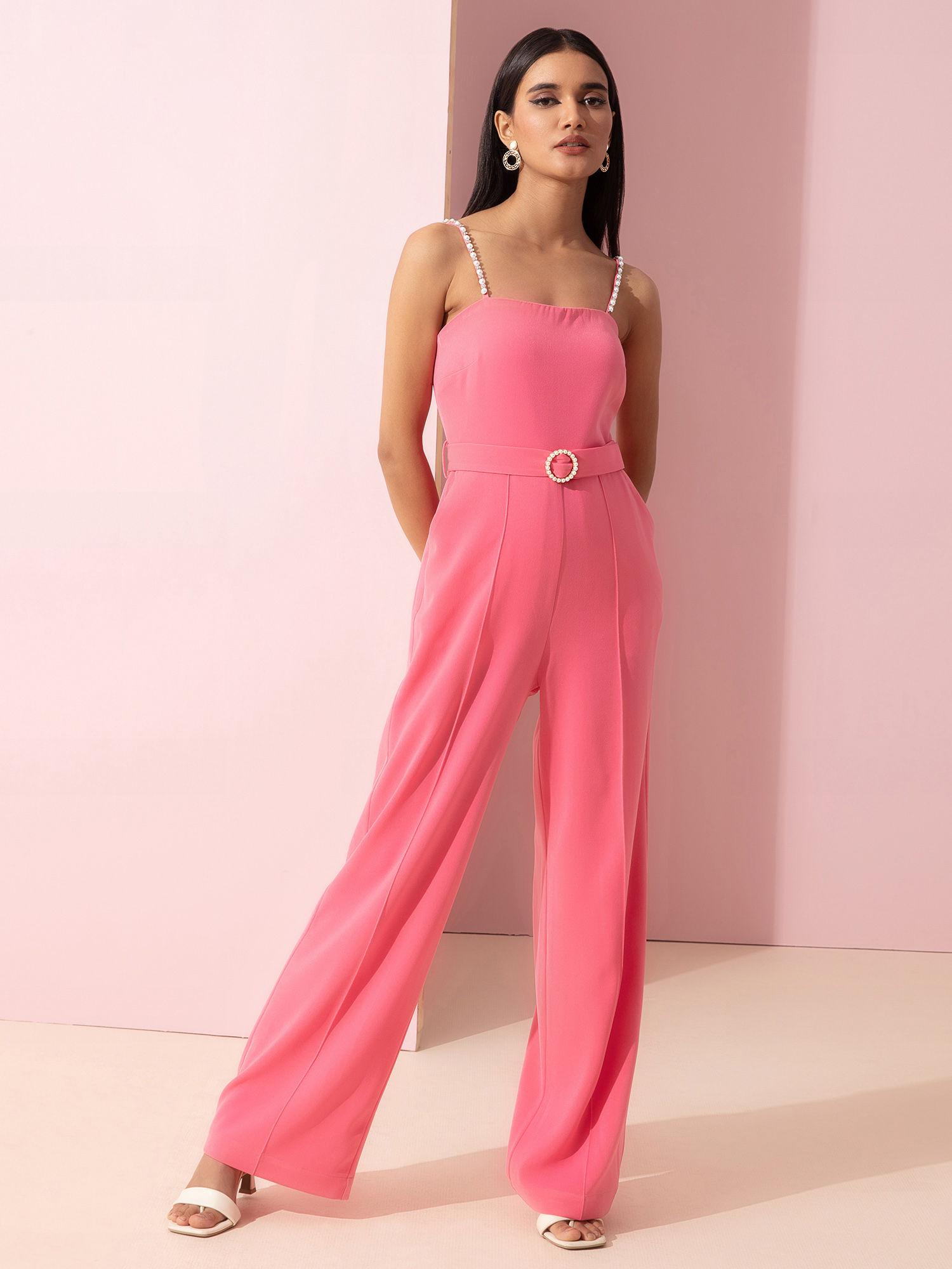 pink solid strappy flare leg jumpsuit with belt