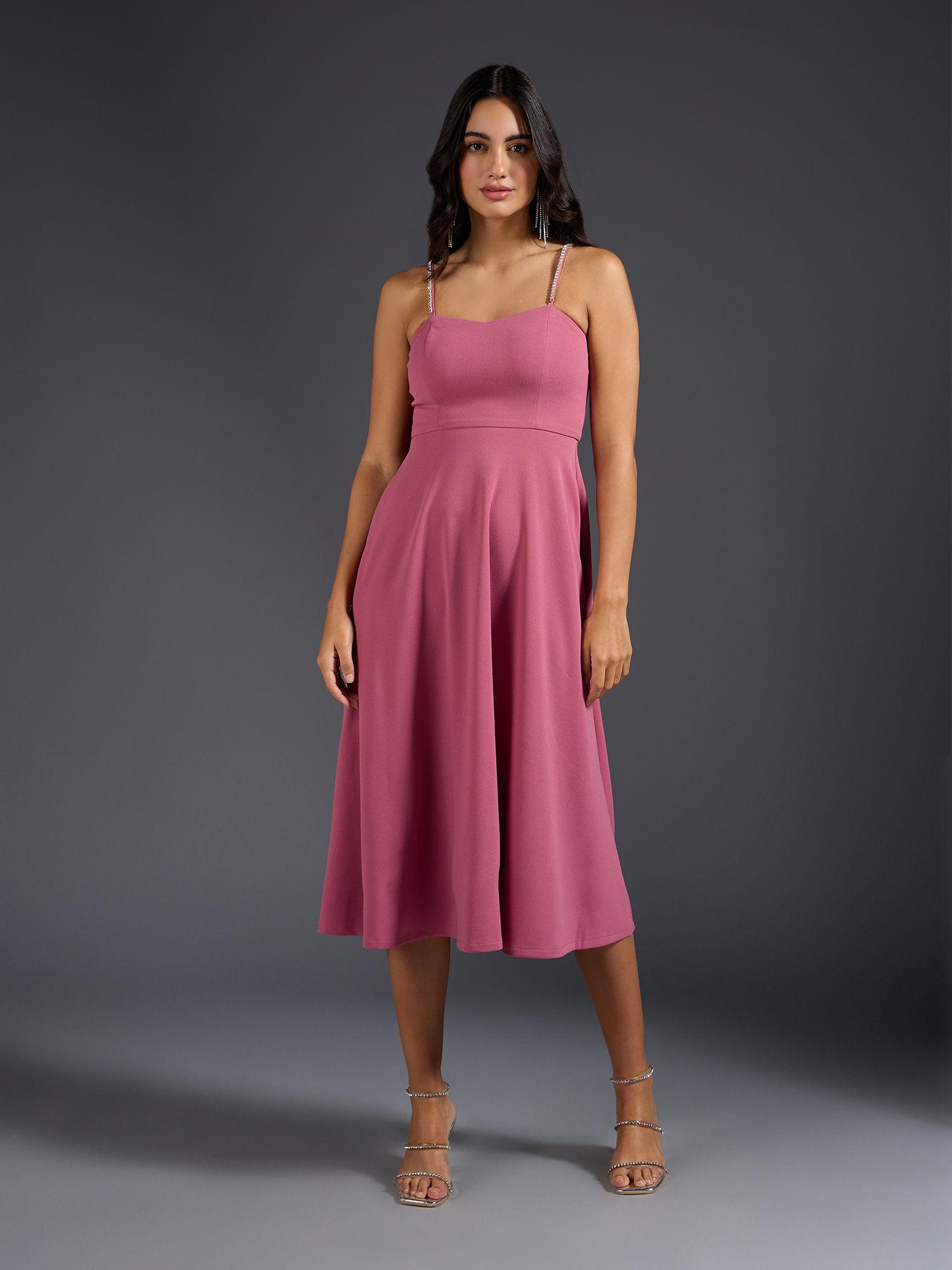 pink solid sweetheart neck fit and flare midi dress