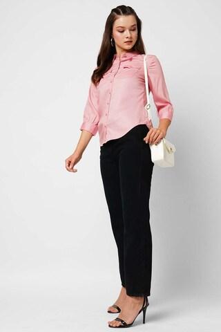 pink solid tencel regular collar women slim fit shirts