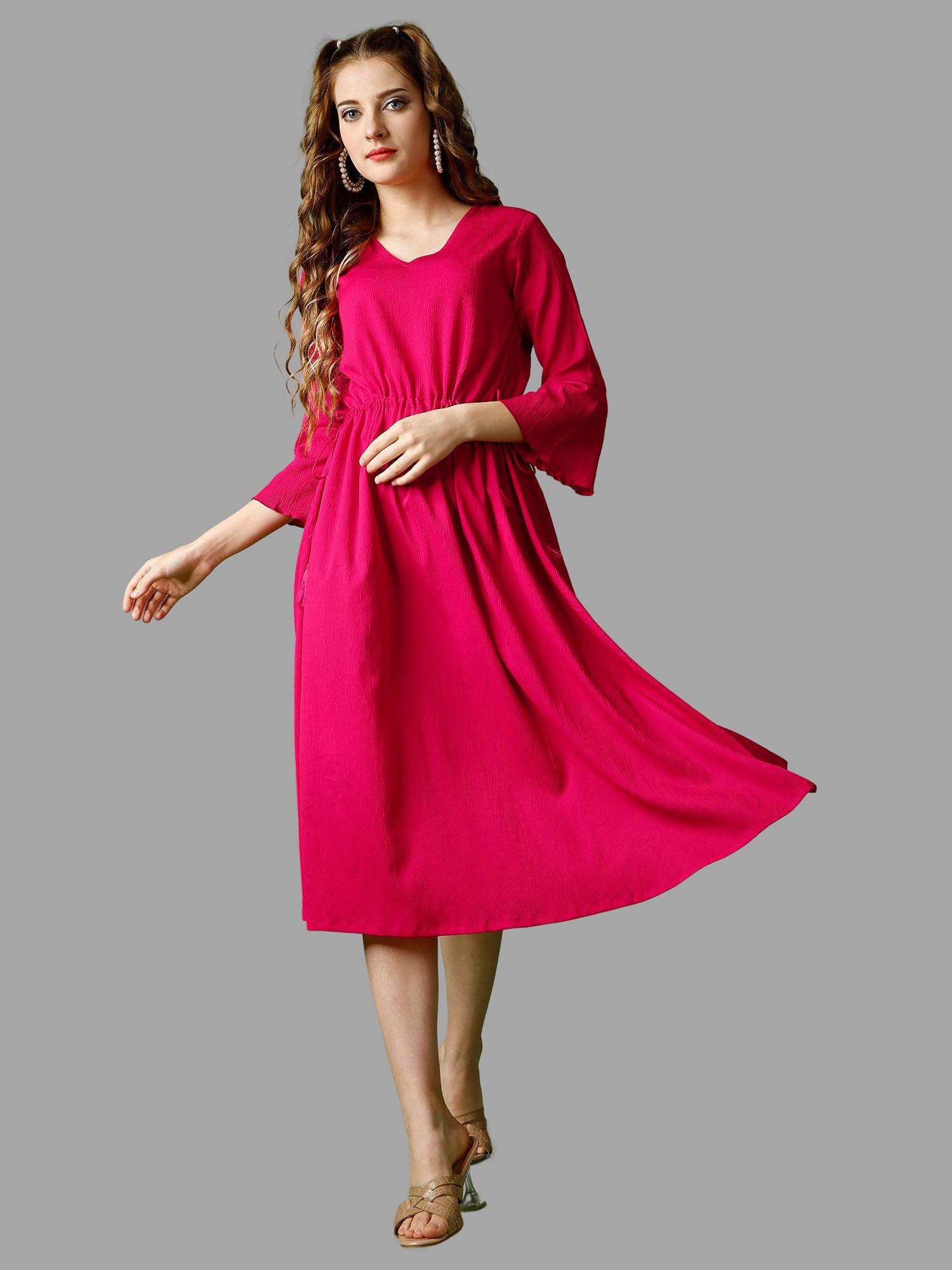 pink solid three fourth sleeves midi dress for women