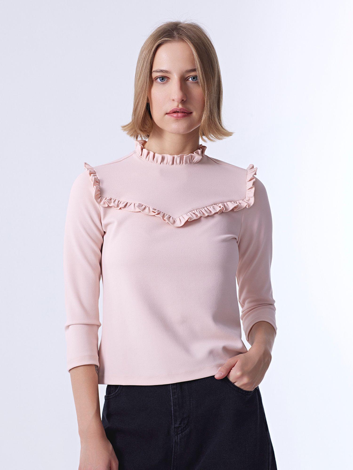 pink solid three fourth sleeves ruffled neck top