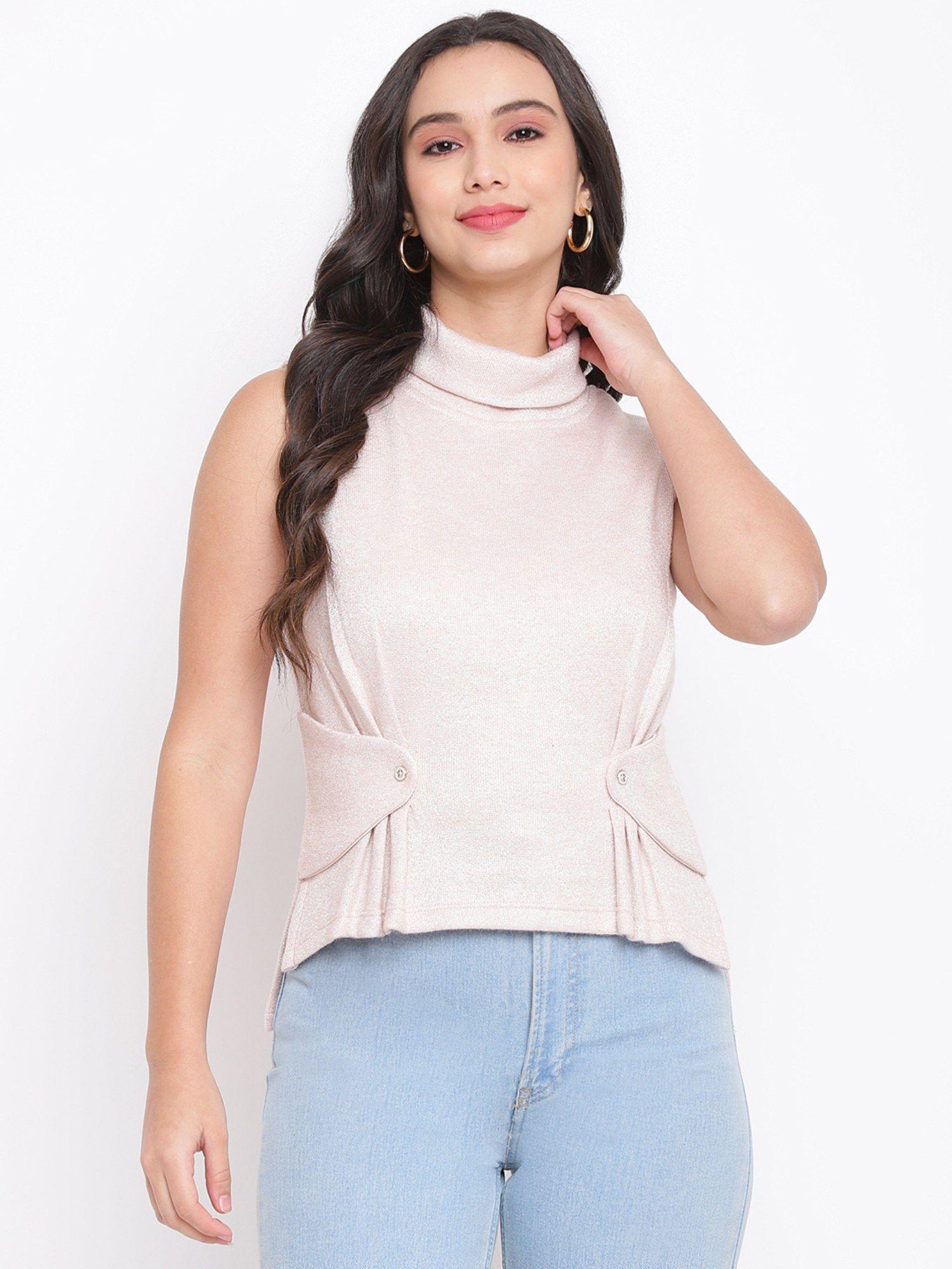 pink solid top with pleats