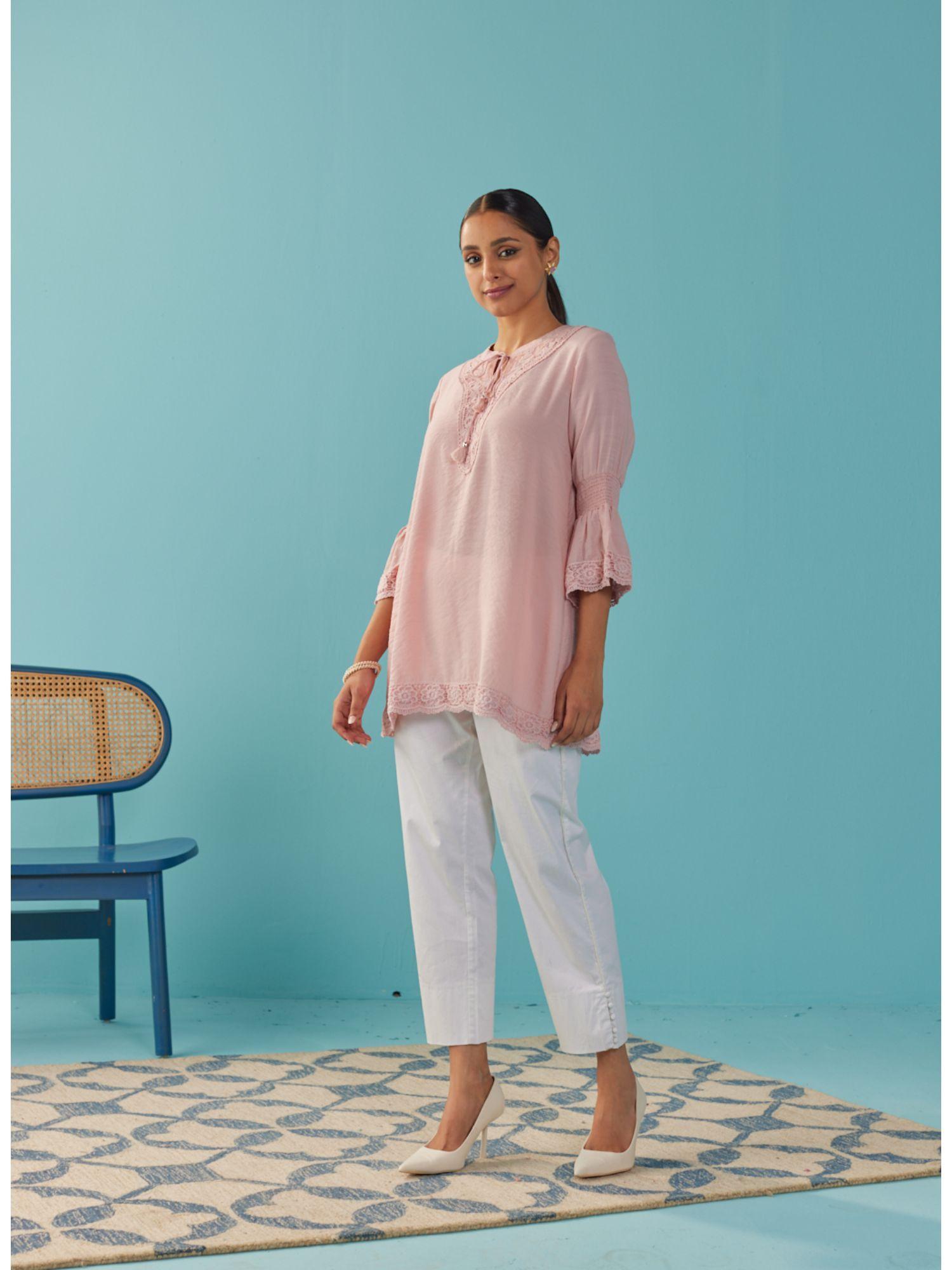 pink solid tunic with keyhole neck and bell sleeves