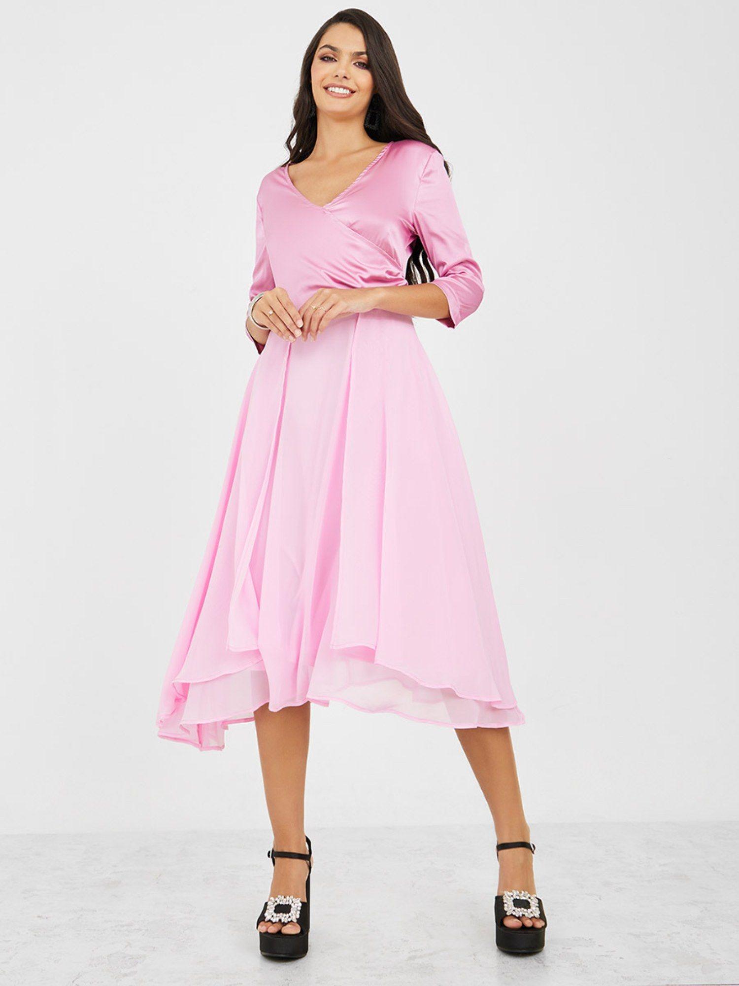 pink solid v neck a-line midi dress