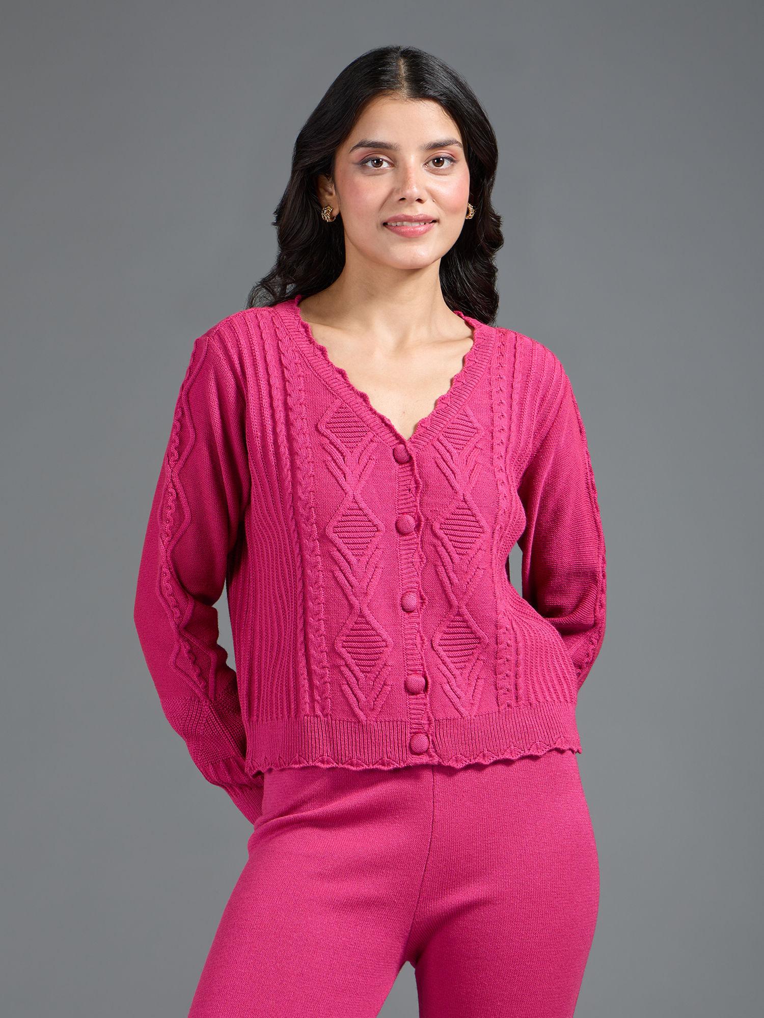 pink solid v neck cardigan