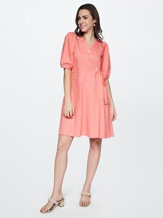 pink solid v neck casual thigh-length short sleeves women regular fit dress