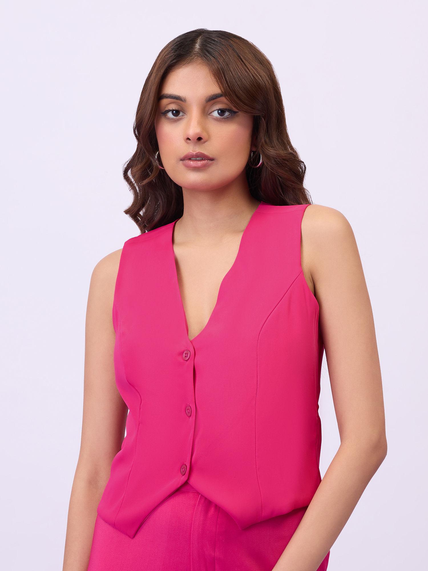 pink solid v neck crop waist coat