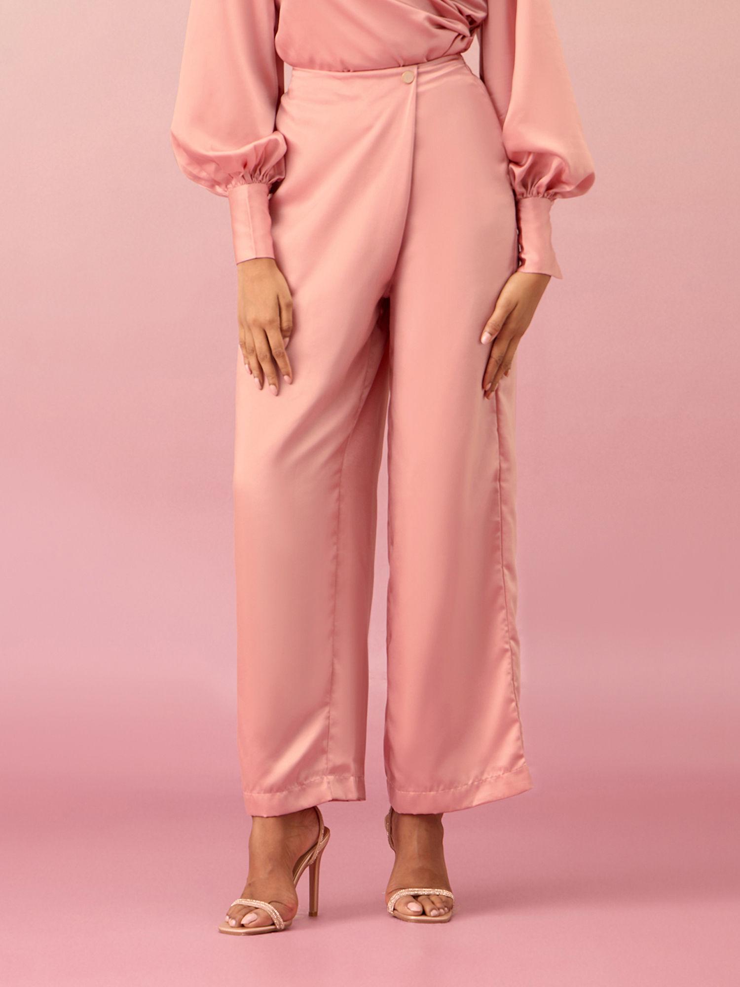 pink solid wrap straight fit high waist satin pant