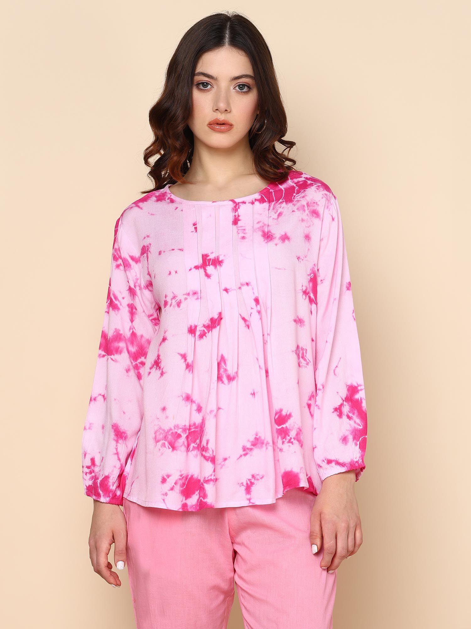 pink splash tie dyed pleated top for women