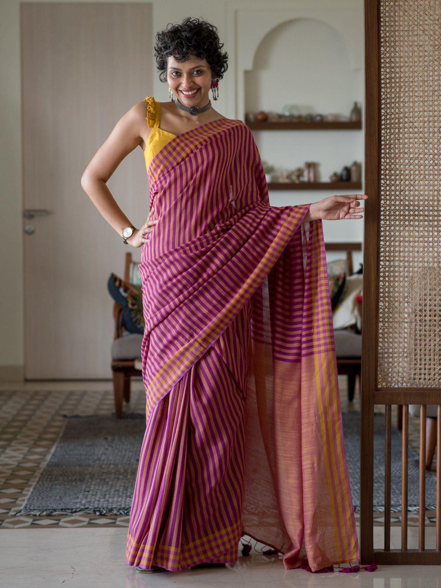 pink stipes pure cotton saree with unstitched blouse