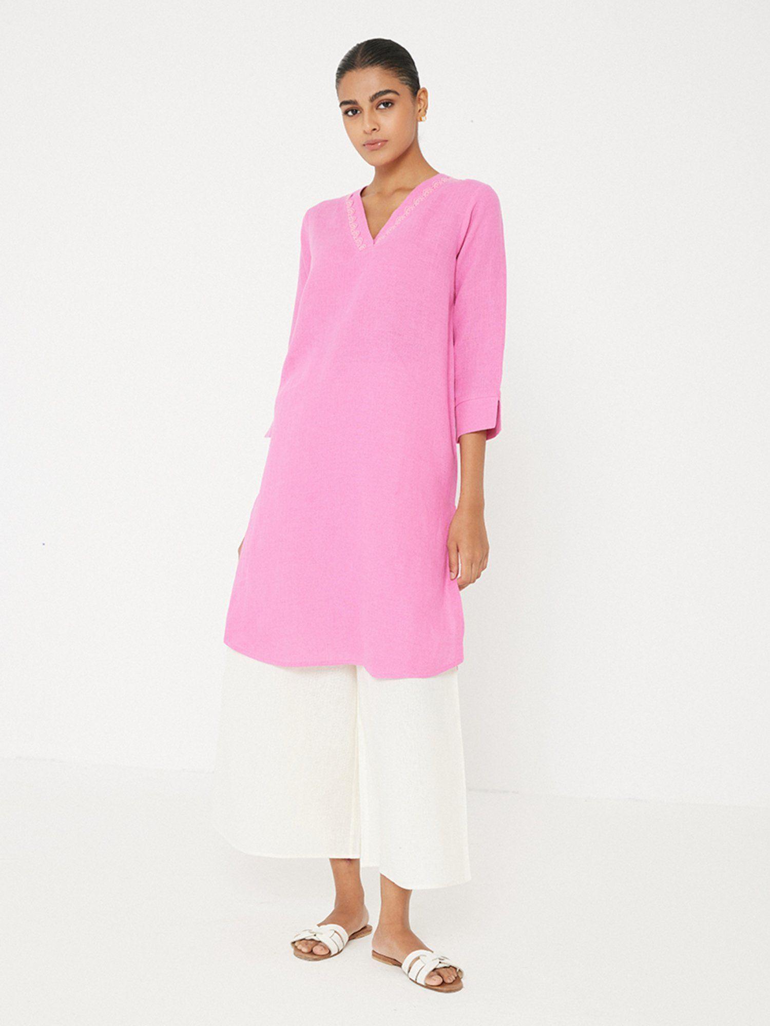 pink straight solid kurta