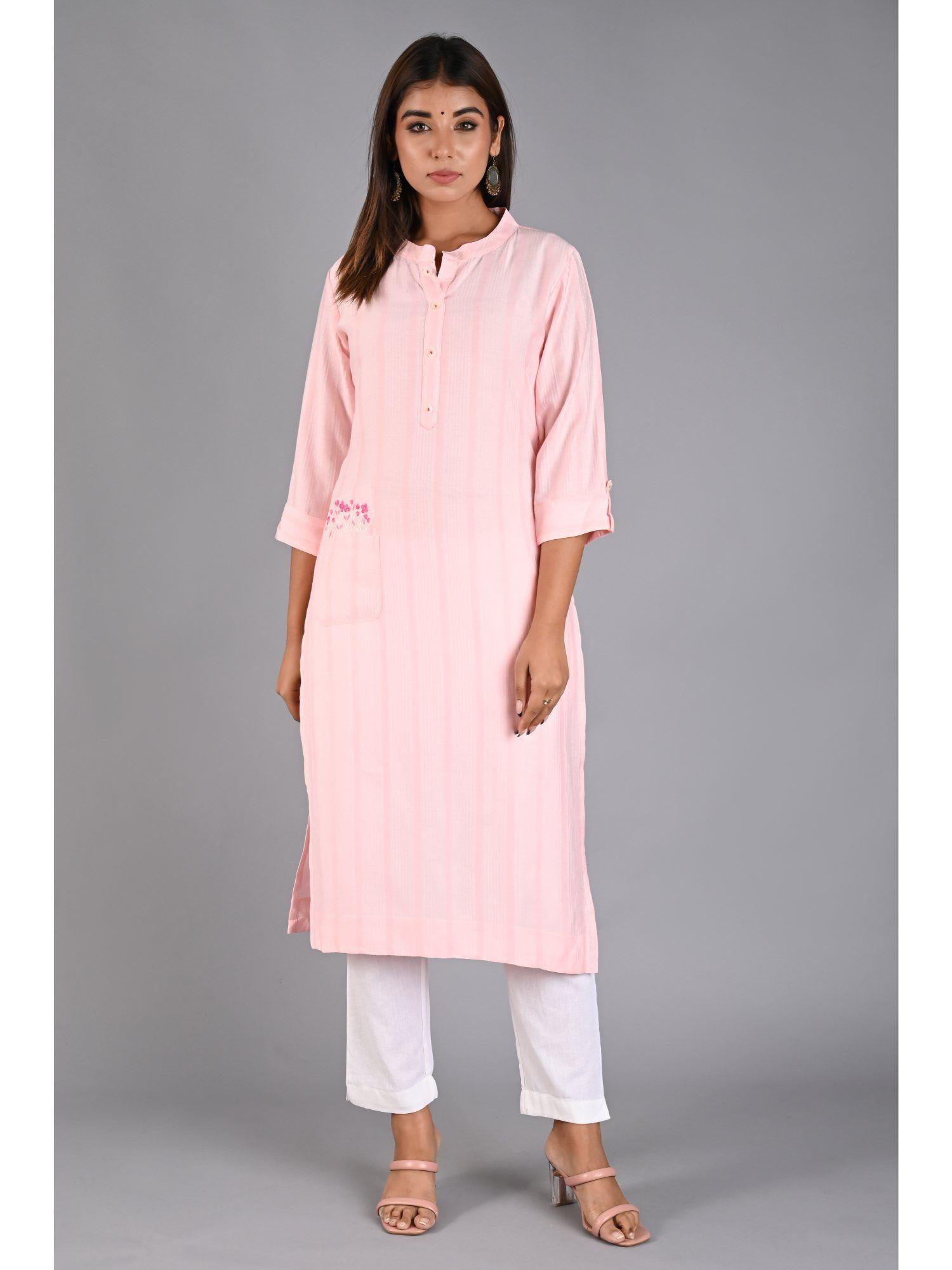 pink straight stripes kurta with embroidered pocket