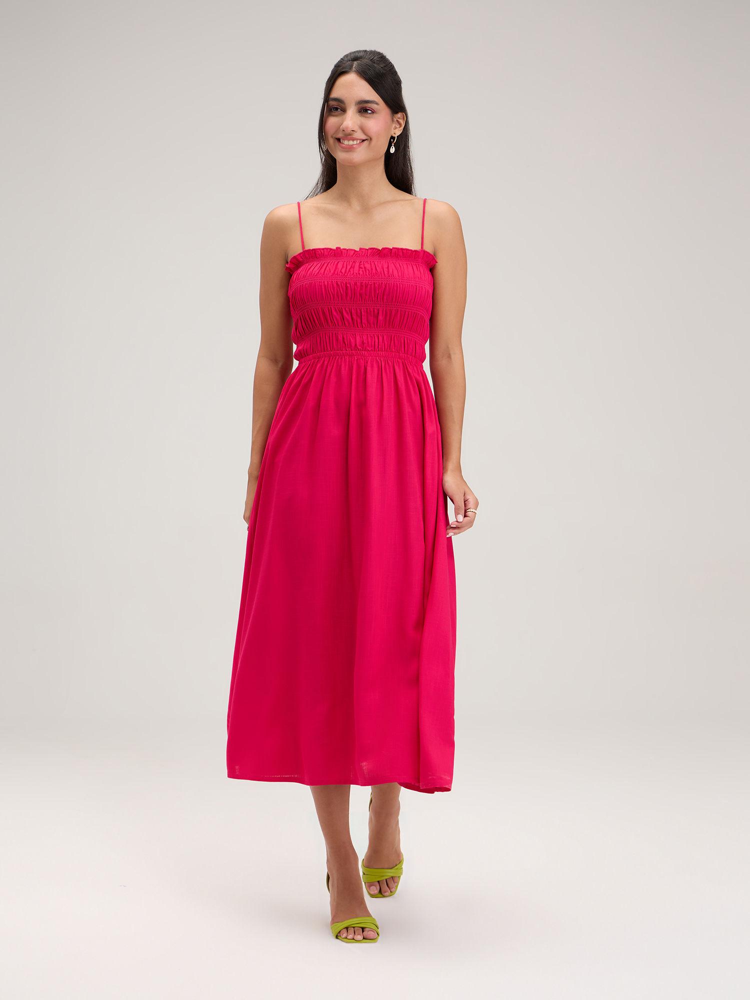 pink strappy square neck midi dress