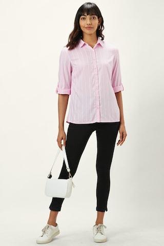 pink stripe casual 3/4th sleeves regular collar women regular fit top