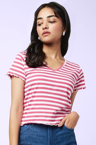 pink stripe casual cap sleeves v neck women crop fit top