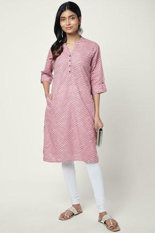 pink stripe casual mandarin 3/4th sleeves knee length women regular fit kurta