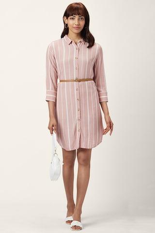 pink stripe regular collar casual thigh-length 3/4th sleeves women comfort fit dress