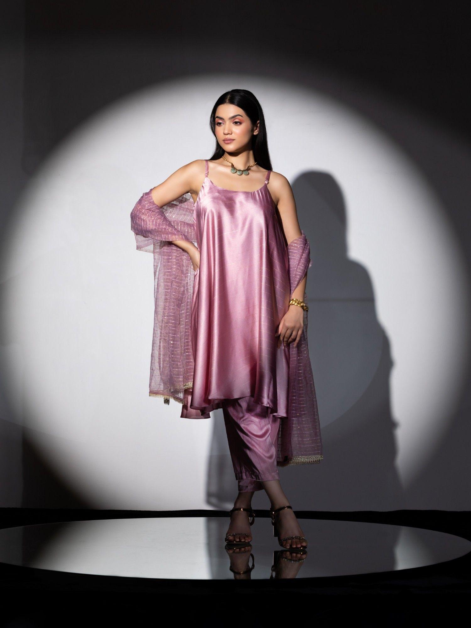 pink stripe satin kurta, palazzo & organza sparkle duppatta with lace (set of 3)