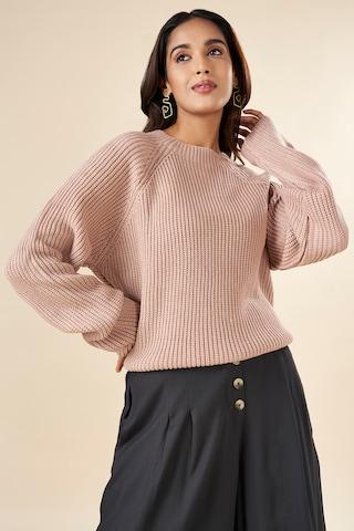 pink stripe winterwear full sleeves round neck women regular fit  sweater