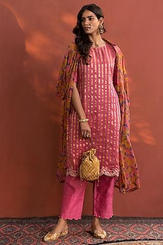 pink striped chanderi kurta set