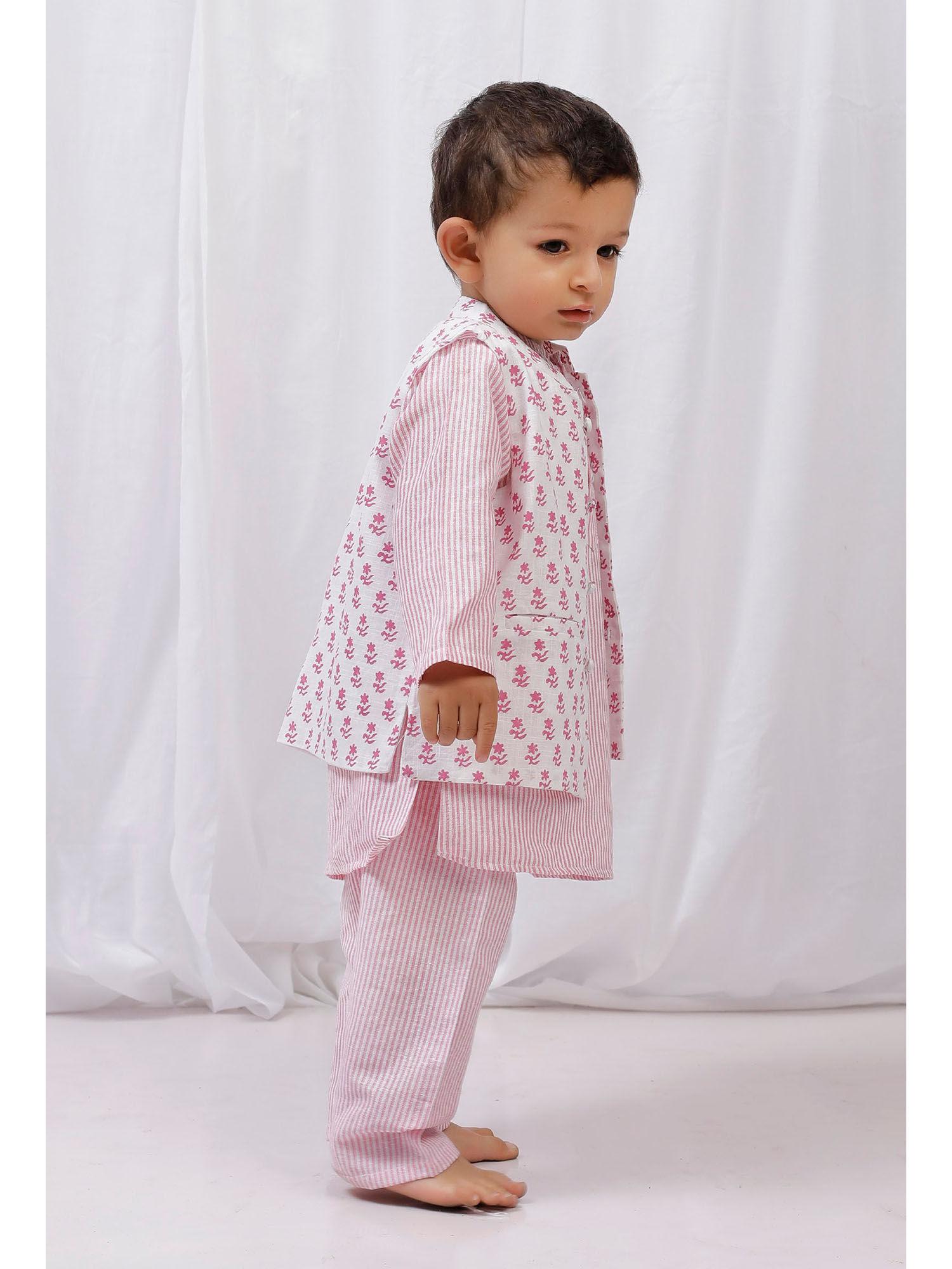 pink striped cotton kurta and pyjama with pink nehru jacket (set of 3)