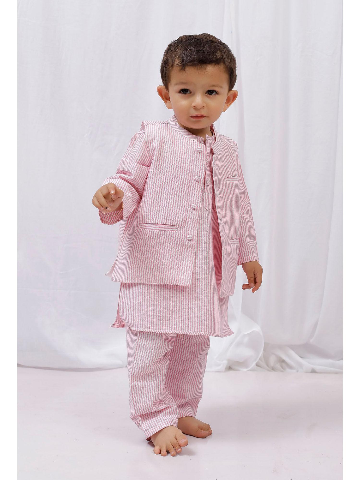 pink striped cotton kurta and pyjama with pink striped nehru jacket (set of 3)