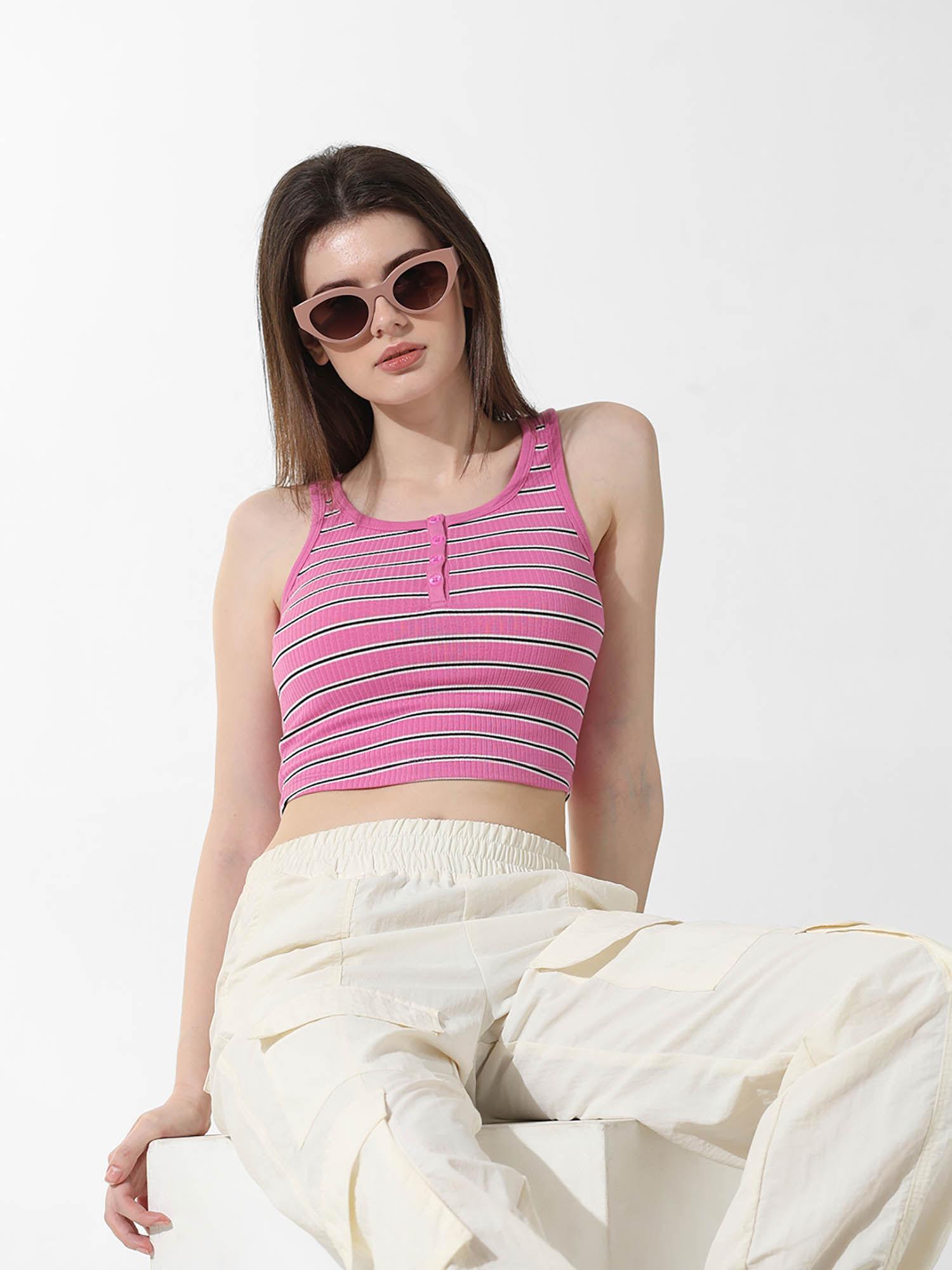 pink striped ribbed crop top