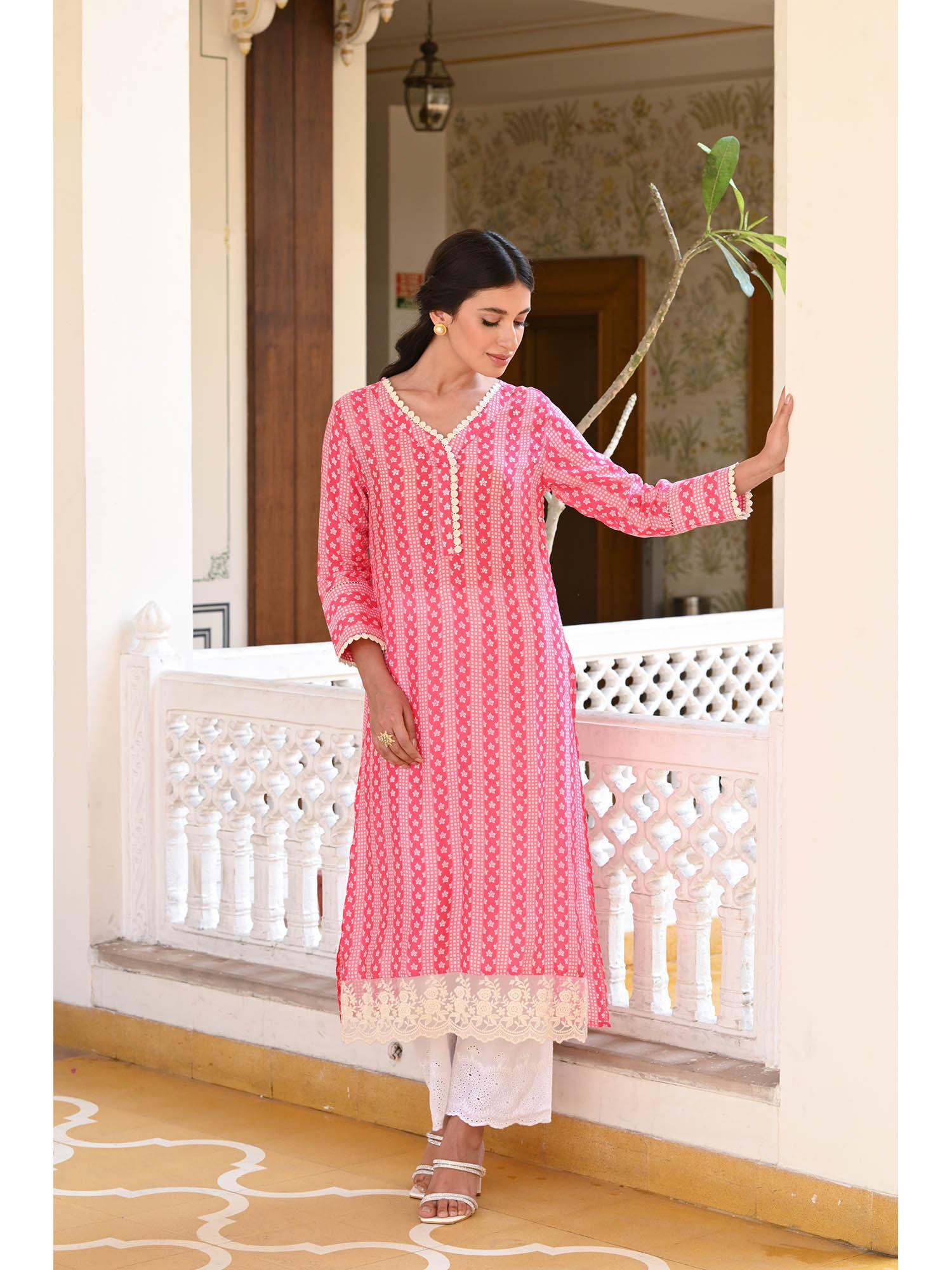 pink striped sequence pearl and lace kurta with schiffli pants (set of 2)