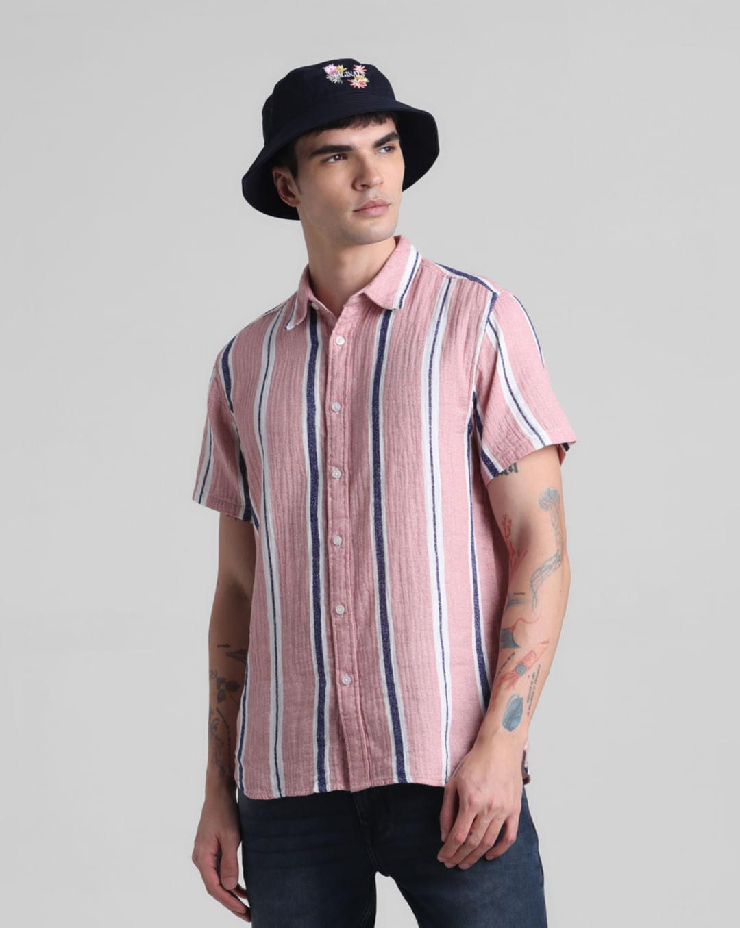 pink striped short sleeves shirt