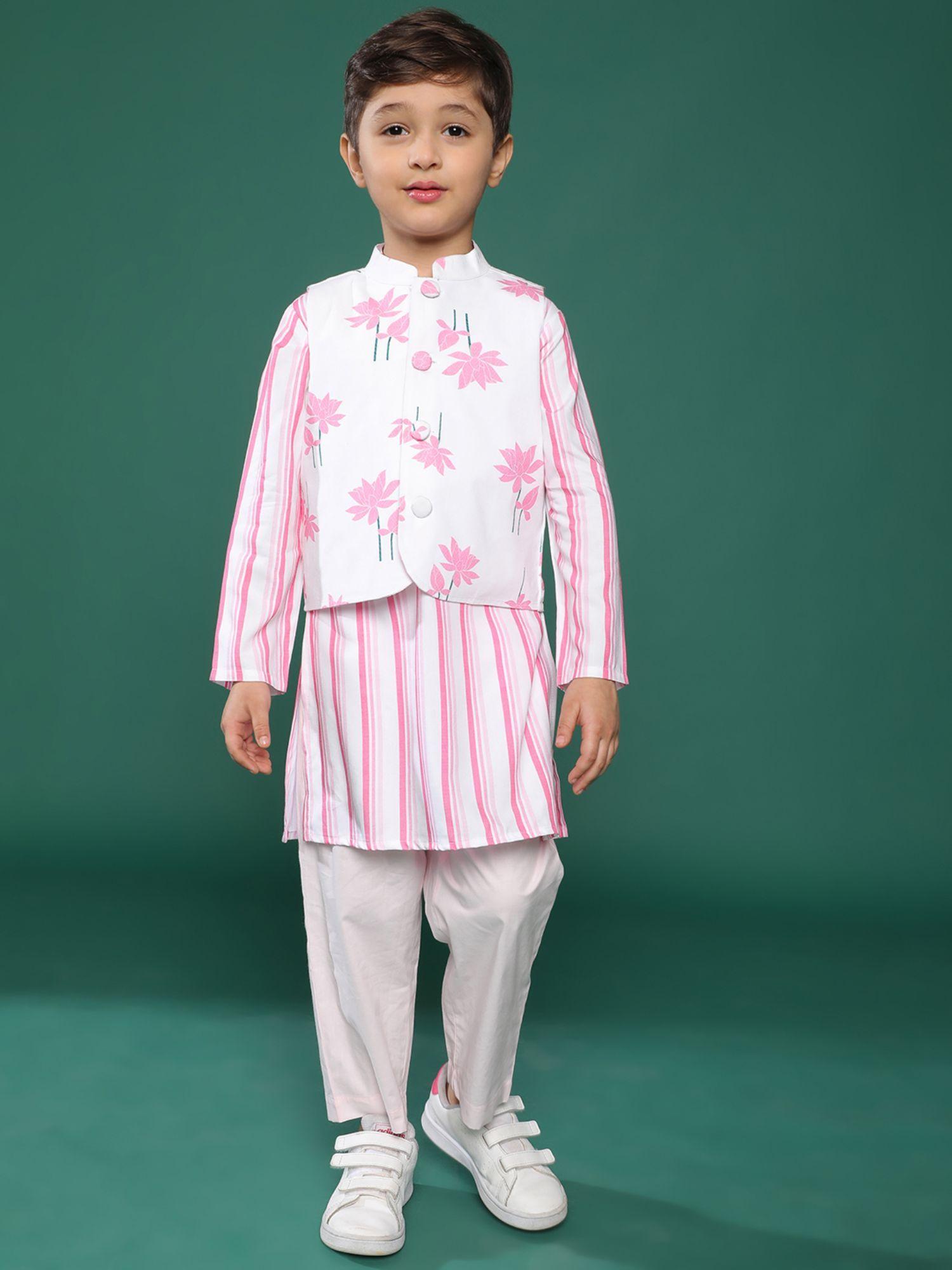 pink stripes kurta pant and waistcoat for boys (set of 3)