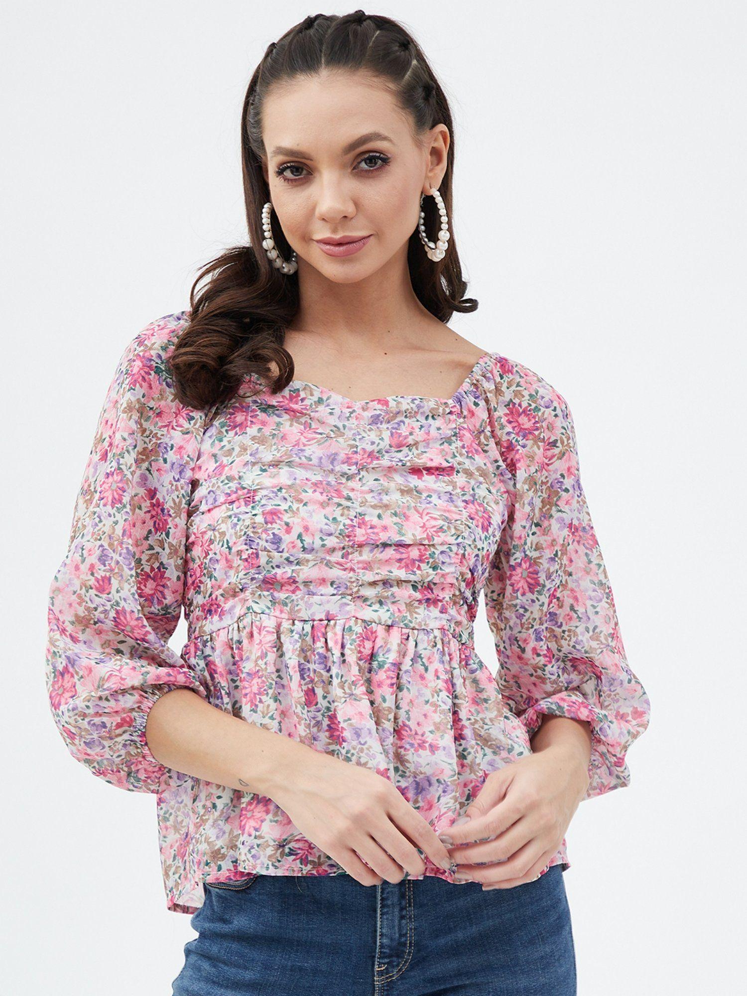 pink sweetheart neck three fourth sleeve top