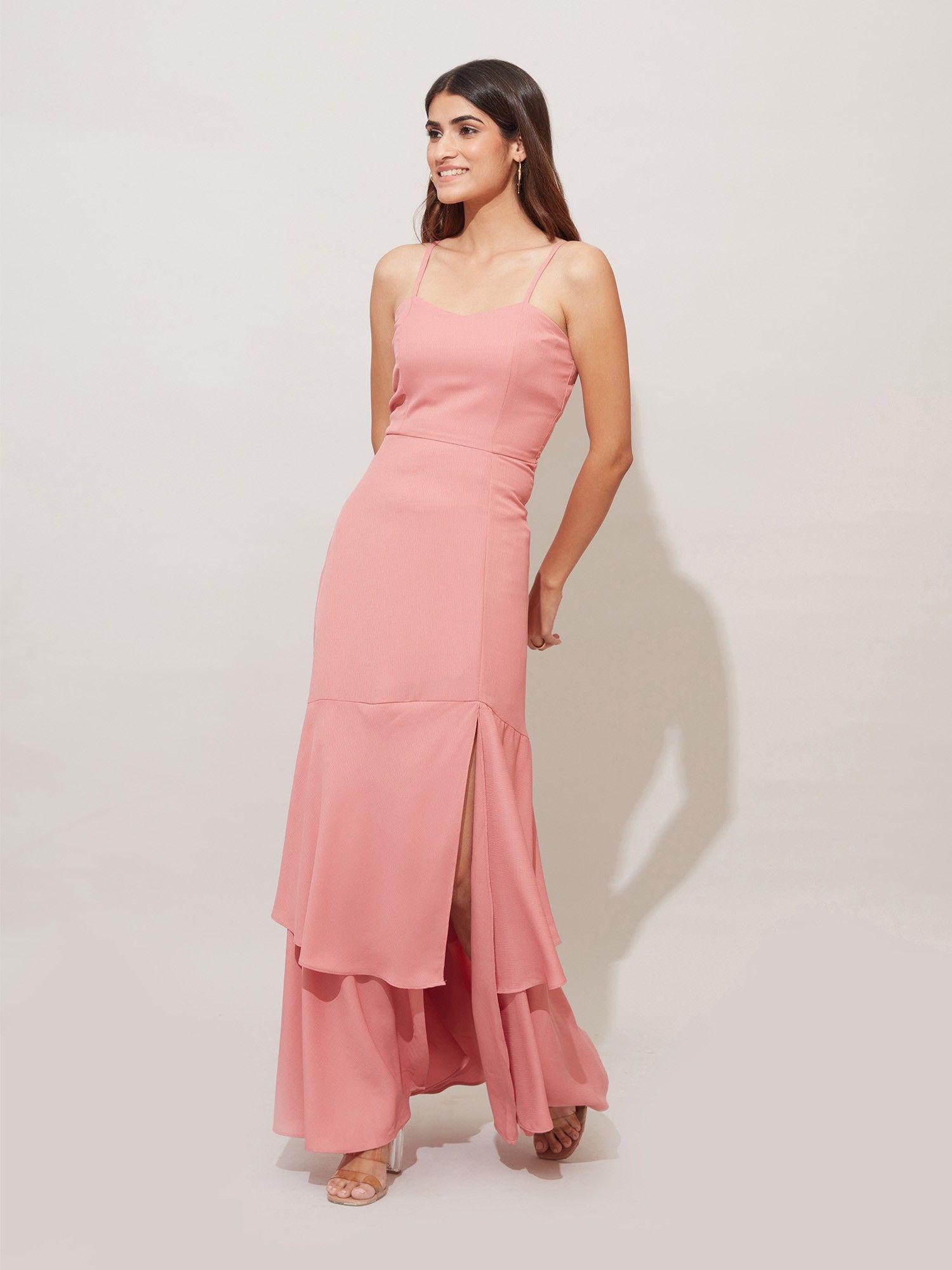 pink sweetheart slit maxi dress