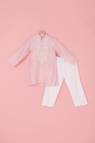 pink swiss cotton floral embroidered kurta set for boys
