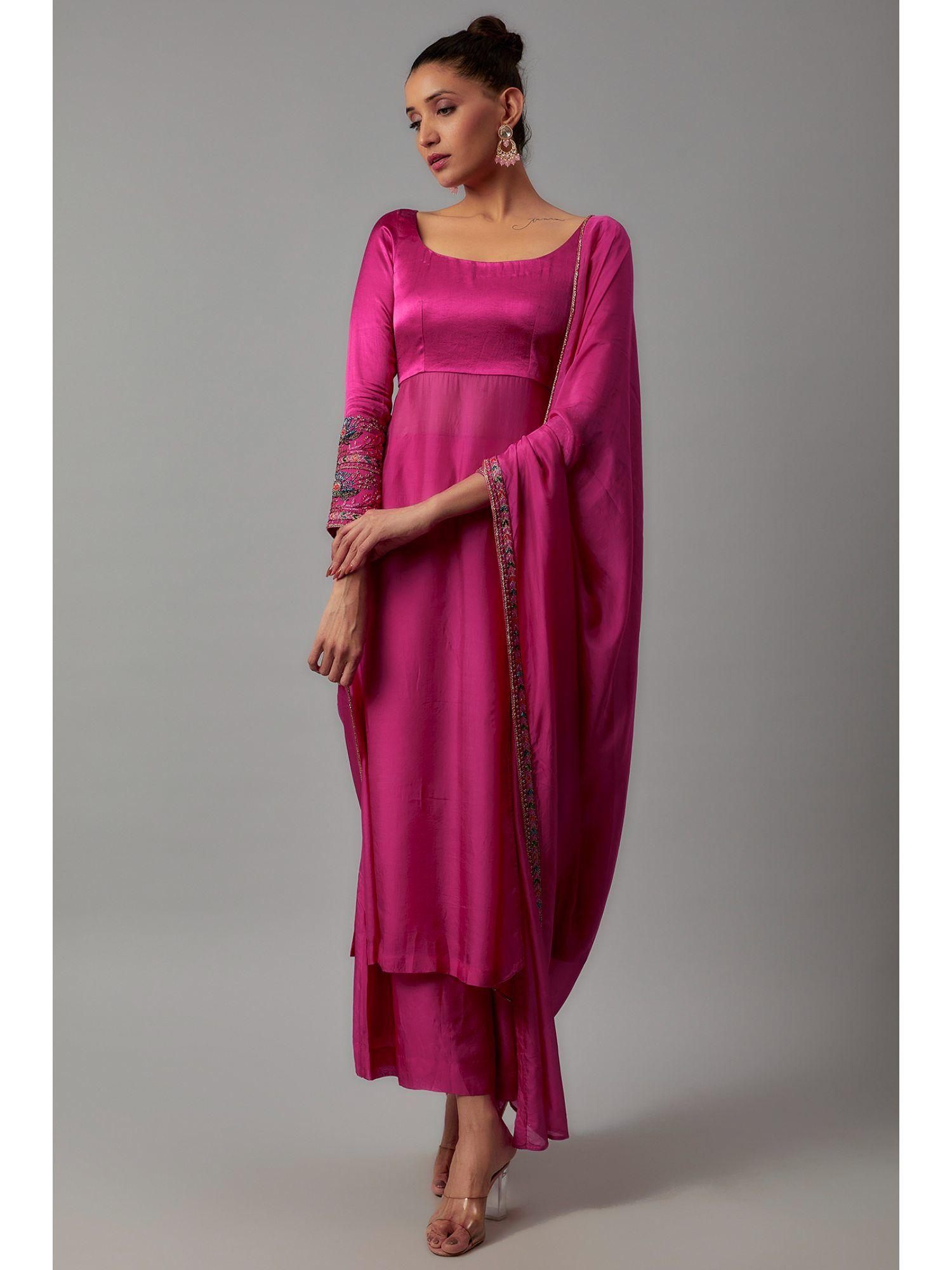 pink taby silk embroidered kurta (set of 3)