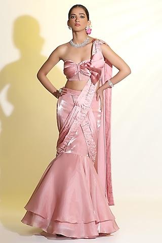 pink taco organza hand embellished draped skirt saree set