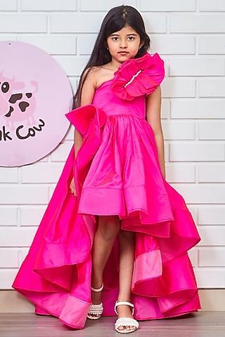 pink taffeta & silk high-low draped gown for girls