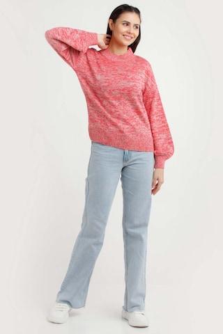 pink textured acrylic round neck women regular fit sweaters