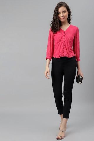 pink textured casual 3/4th sleeves v neck women regular fit top