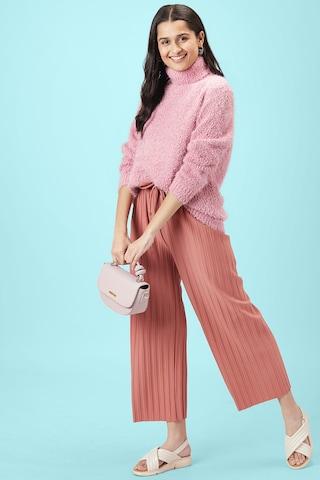 pink textured casual full sleeves high neck women oversized fit sweater