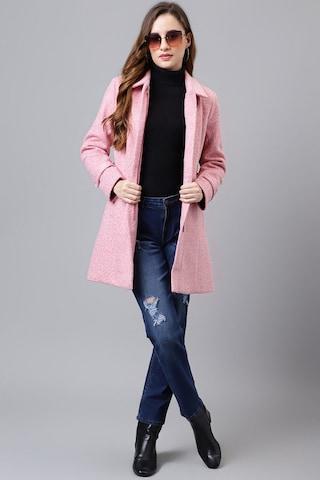 pink textured casual full sleeves regular collar women classic fit coat