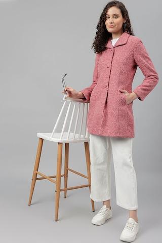 pink textured casual full sleeves regular collar women classic fit jacket