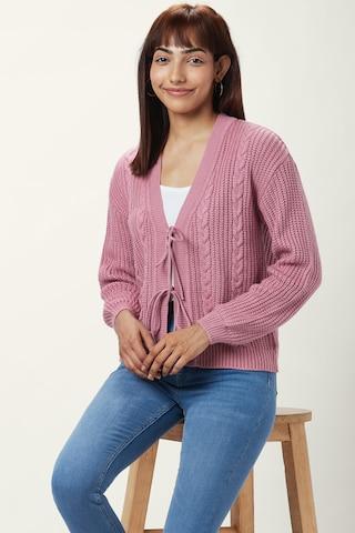pink textured casual full sleeves v neck women comfort fit cardigan