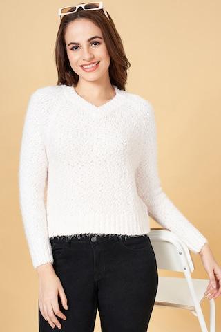 pink textured casual full sleeves v neck women regular fit  sweater