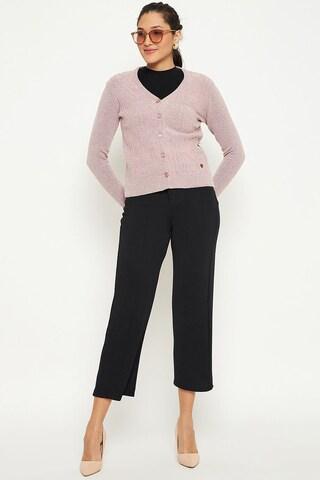 pink textured casual full sleeves v neck women regular fit cardigan