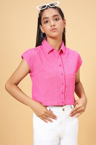 pink textured casual short sleeves regular collar girls regular fit  top