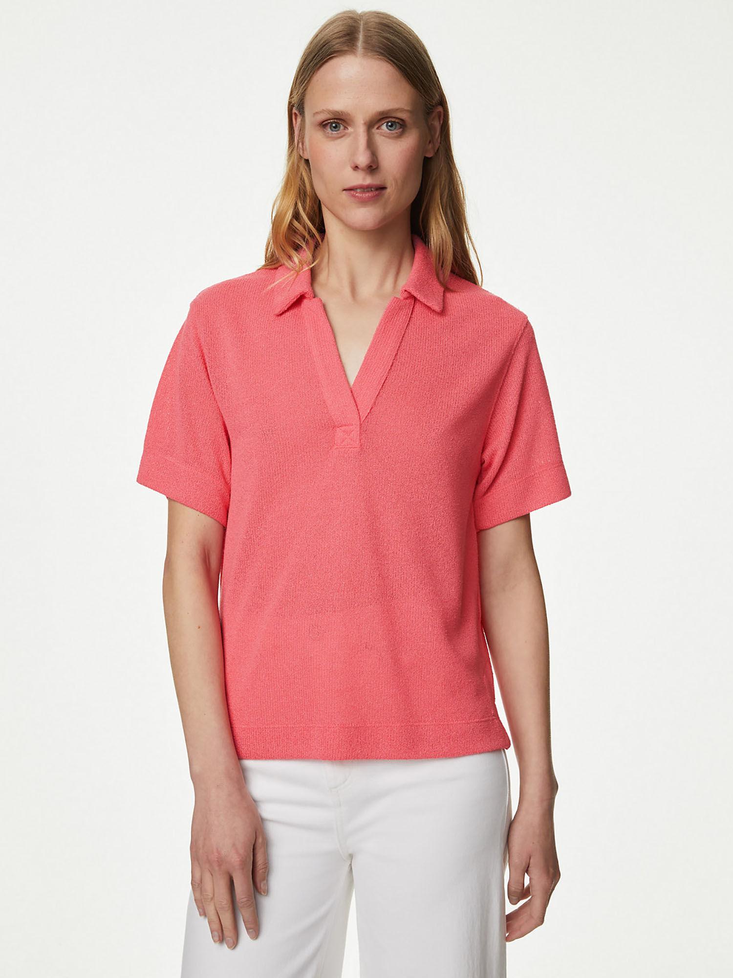 pink textured collared top