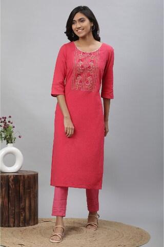 pink textured knee length casual women regular fit kurta