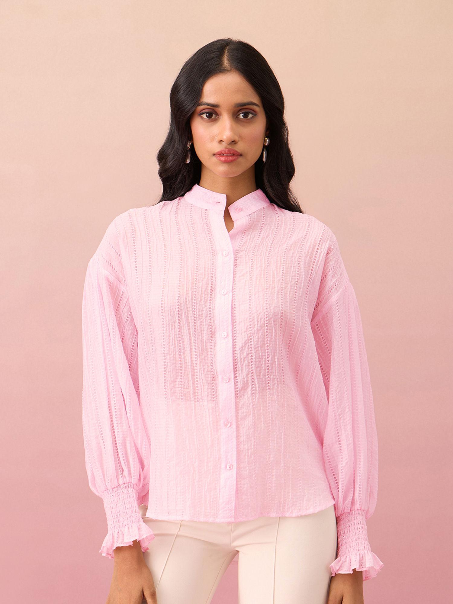 pink textured mandarin collar puff sleeves shirt